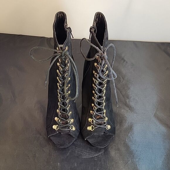 WILD DIVA FAUX SUEDE LICITE HEEL PEEP TOE LACE-UP FRONT BOOTIE - Picture 2 of 14